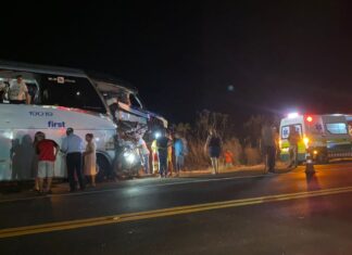 Passageiros usam saída de emergência e descem por escada após ônibus bater em caminhão e ter frente destruída