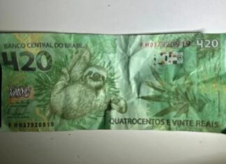 Nota de R$ 420 com imagem de preguiça e maconha é encontrada com suspeitos de tráfico