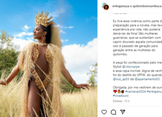 Atriz exibe fantasia de capim dourado em ensaio pré-carnaval e faz homenagem a artesãs quilombolas: ‘mulheres guerreiras’