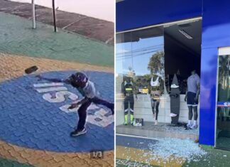 VÍDEO: Veja momento em que suspeitos quebram vidraça de loja com pedra para furtar produtos esportivos