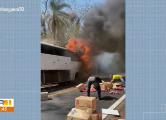 Passageiros fogem de ônibus que pegou fogo na BR-153; VÍDEO