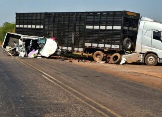 Duas pessoas morrem após caminhonete bater na lateral de carreta na BR-153