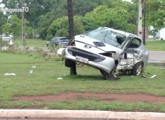 Mulher morre após carro capotar e ficar preso em coqueiro no canteiro de avenida de Palmas