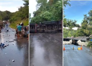 Caminhão fica atravessado em rodovia após acidente grave com morte; trânsito ficou interditado