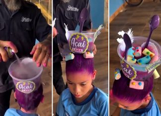 Pai faz cabelo maluco de açaí na filha e tem surpresa no final do dia: ‘Comeram os marshmallows’