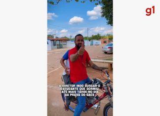 Diretor usa bicicleta motorizada para buscar aluno em casa no interior do Tocantins e vídeo viraliza: ‘Ir onde for preciso’