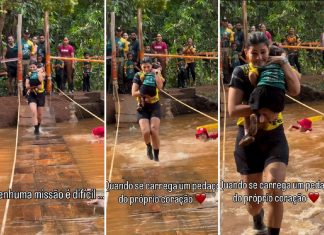 Vídeo de mãe atravessando ponte com filha no colo durante prova de corrida viraliza e divide opiniões na internet