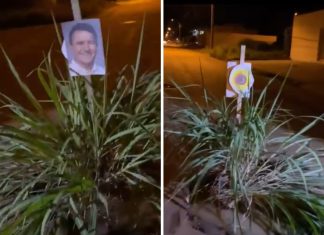 Moradores usam moita de capim e foto de prefeito em estaca para protestar contra buracos em Palmas