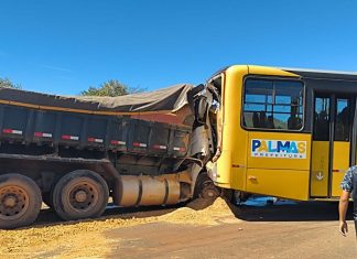 Caminhão bate em ônibus do transporte coletivo e deixa um ferido em Palmas