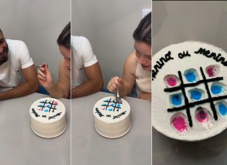 Casal inova em chá revelação de bebê com bolo interativo inspirado no ‘jogo da velha’ e viraliza na web; VÍDEO