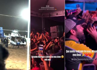 Henrique e Juliano surpreendem fãs ao chegarem de helicóptero em cavalgada